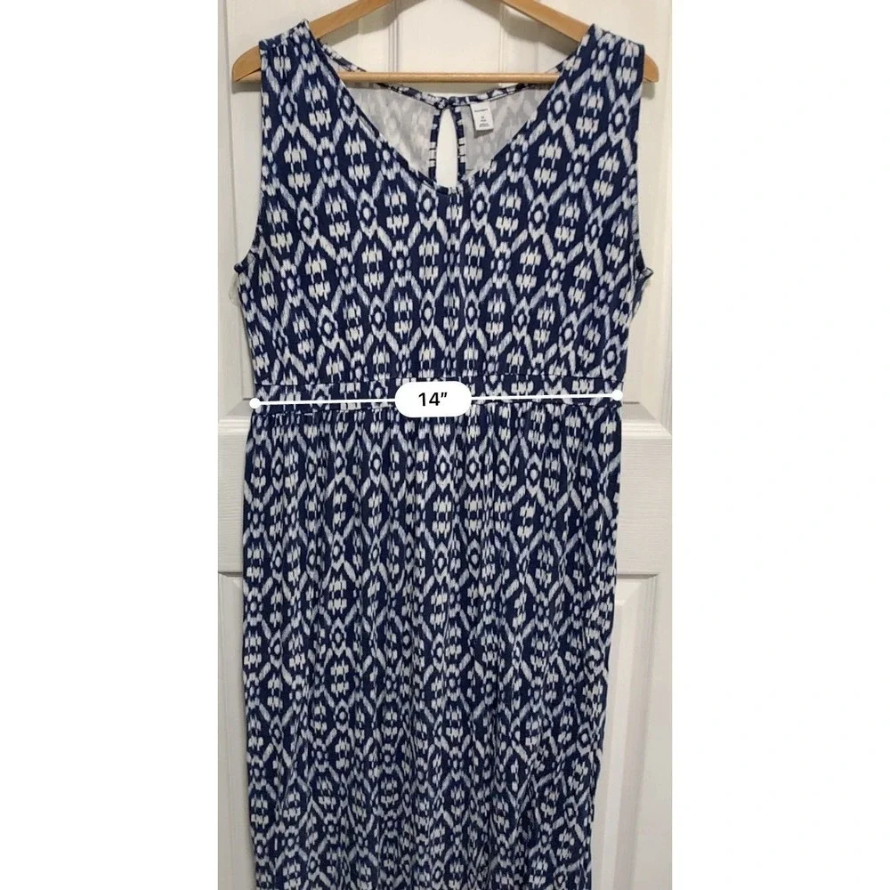 Old Navy Sleeveless Midi Dress 1X Plus Blue White‎ Ikat Geometric V-Neck Boho